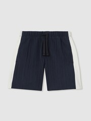 Reiss Navy/White Tino Plissé Colour-Block Shorts - Image 1 of 4