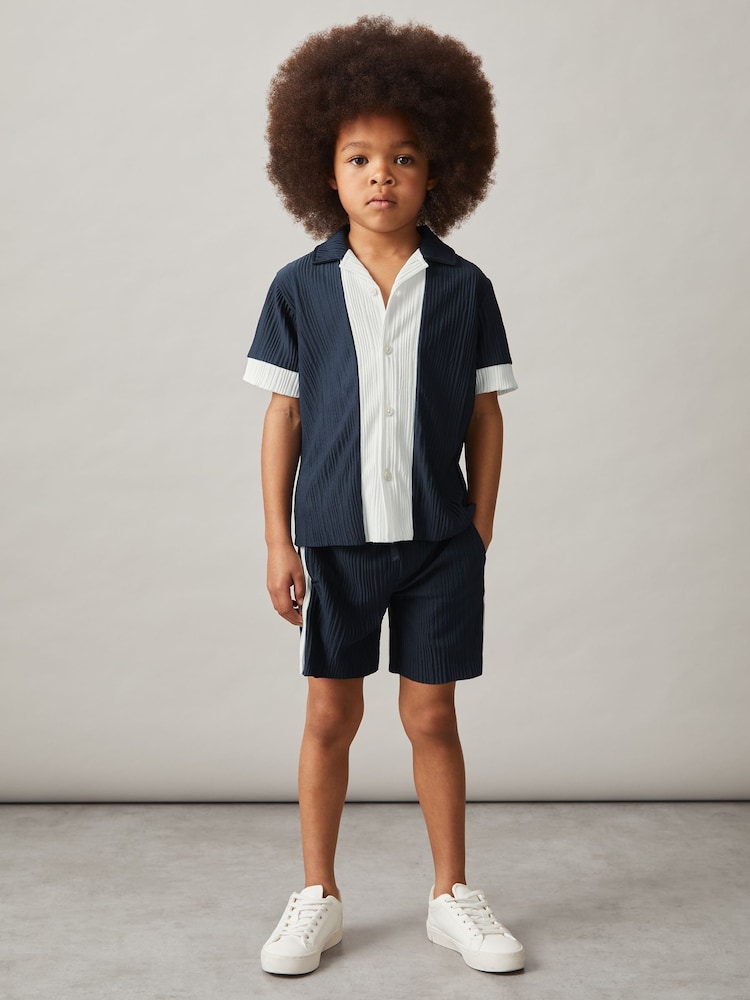 Reiss Navy/White Tino Plissé Colour-Block Shorts - Image 2 of 4