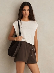 Reiss Chocolate Joanna Modal Blend Drawstring Co-Ord Sweat Shorts - Image 1 of 5