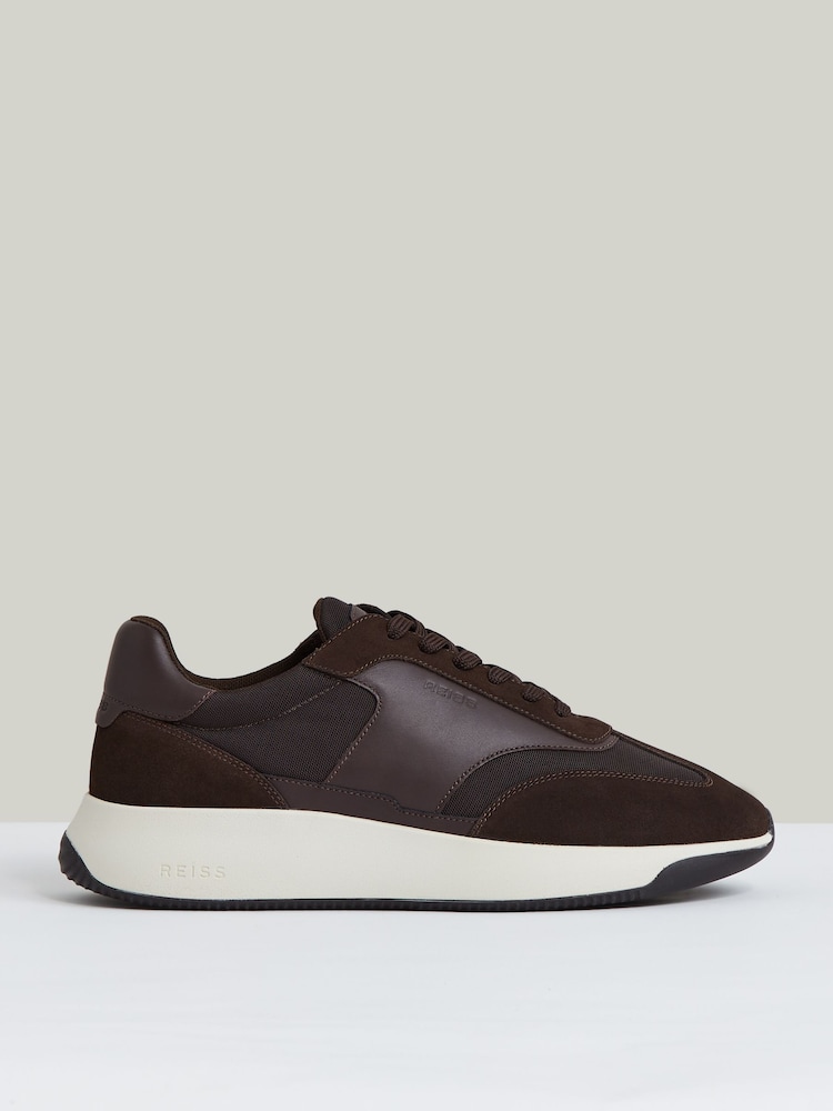 Reiss Chocolate Brown Emmett Bonded-Leather Suede Running Trainers - Image 1 of 6