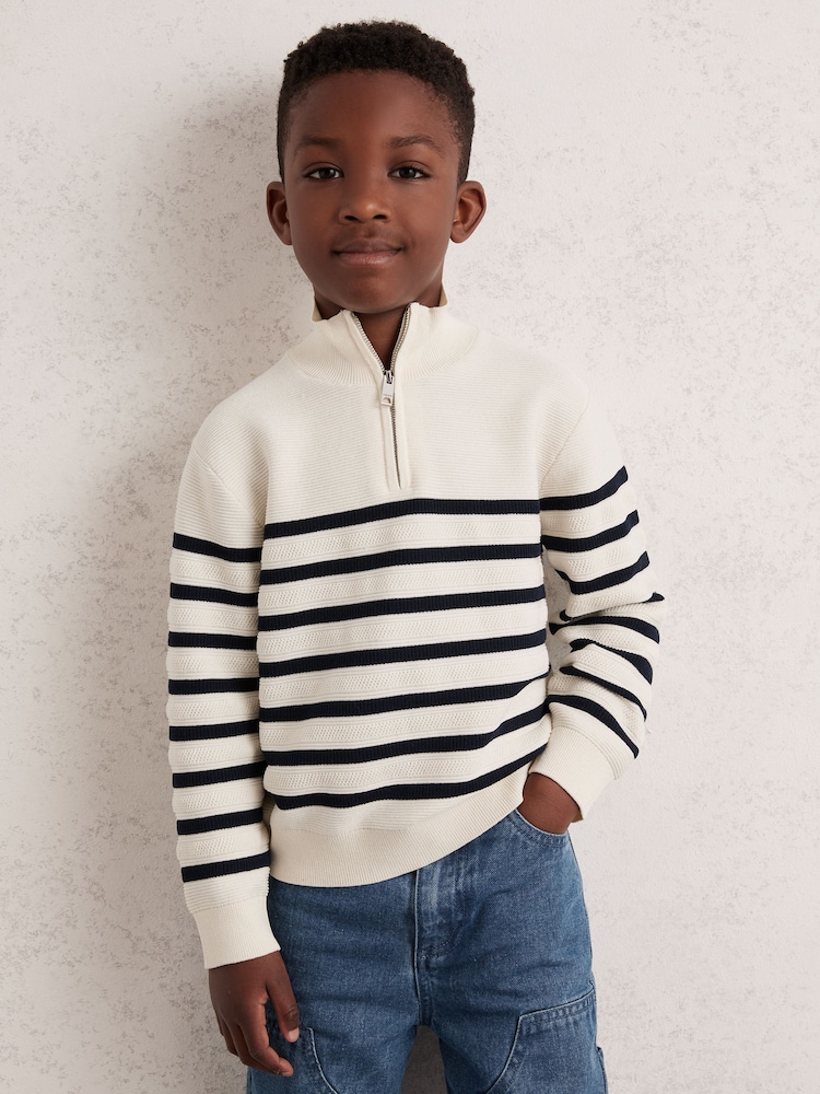 Reiss White Graham 3-9 yrs Cotton-Blend Stripe Half-Zip Jumper - Image 1 of 4 Reiss White Graham 3-9 yrs Cotton-Blend Stripe Half-Zip Jumper - Image 1 of 4