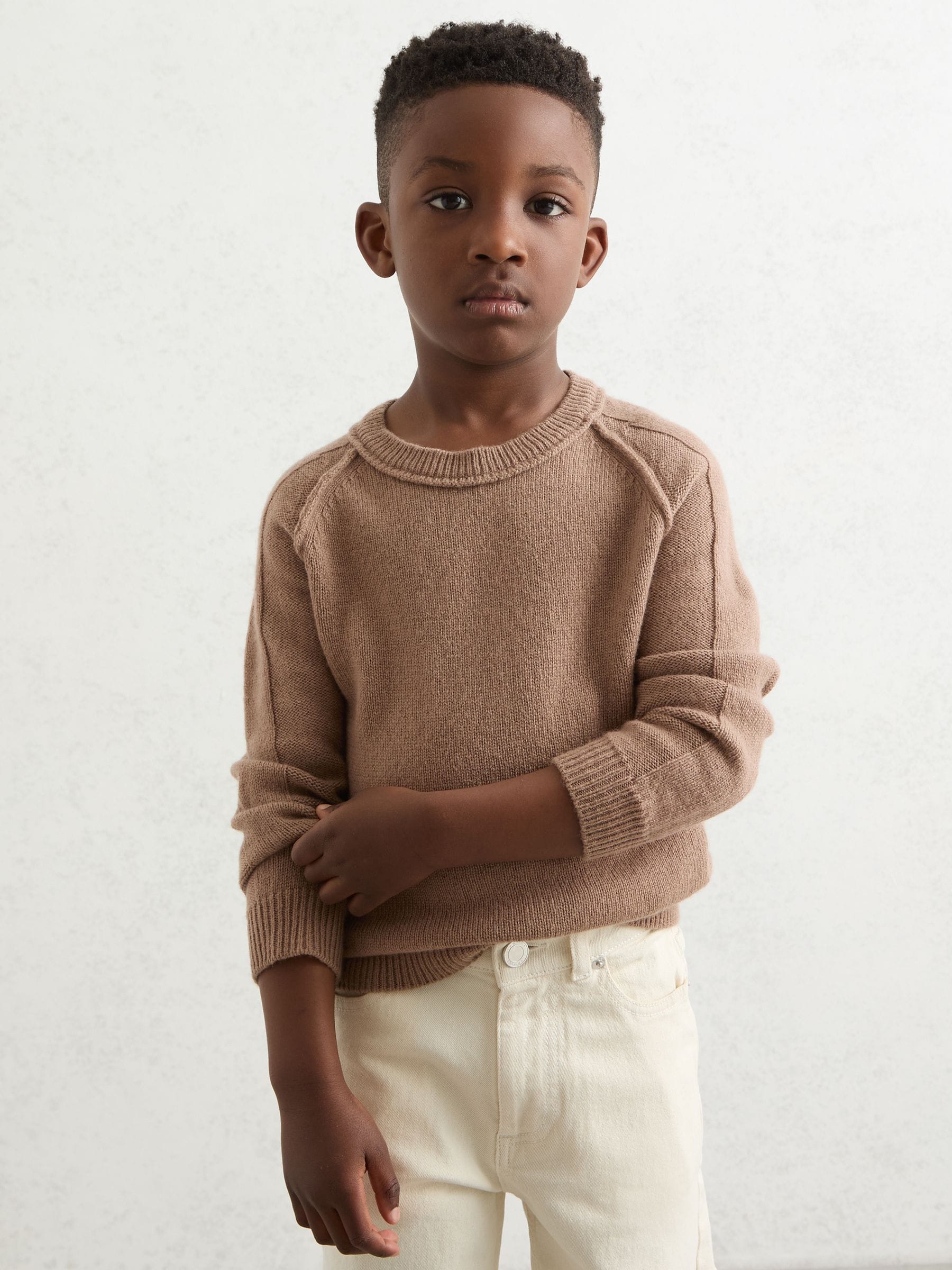 Reiss Camel 3-9 Yrs Wool-cashmere Reverse-seam Jumper In Brown