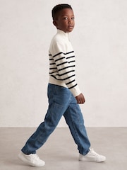 Reiss White Graham 9-13 yrs Cotton-Blend Stripe Half-Zip Jumper - Image 1 of 4
