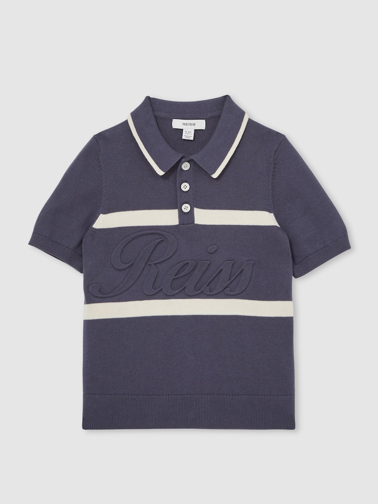 Reiss Indigo Blue/White Ellis 3-9 yrs Cotton Logo-Embossed Knit Polo Shirt - Image 2 of 4