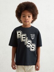 Reiss Navy/White Glen 9-13 yrs Cotton Oversized Logo T-Shirt - Image 1 of 4