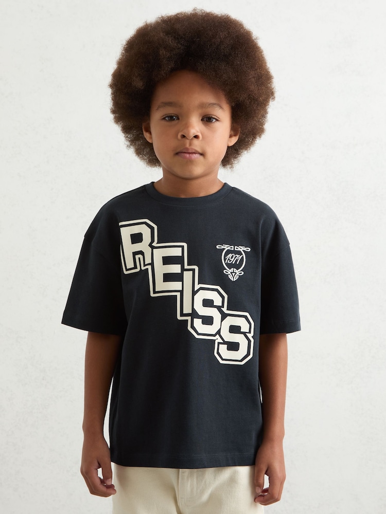 Reiss Navy/White Glen 9-13 yrs Cotton Oversized Logo T-Shirt - Image 1 of 4