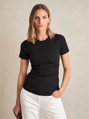 Reiss Black Tess Stretch Cotton Ruched Ribbed T-Shirt - Image 1 of 6