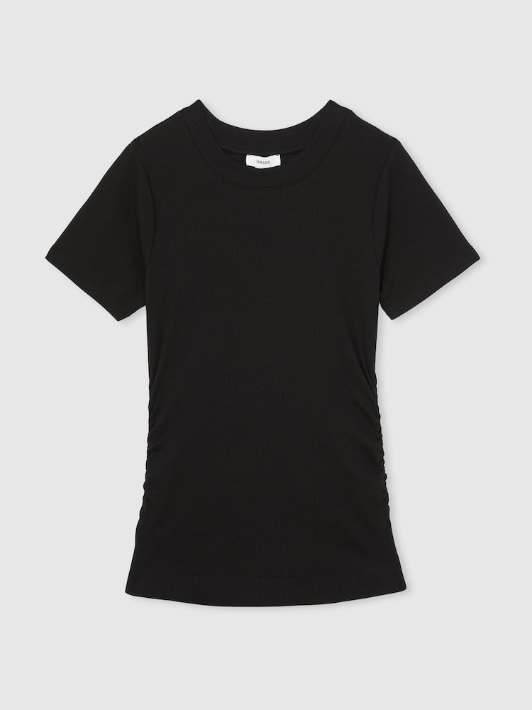 Reiss Black Tess Stretch Cotton Ruched Ribbed T-Shirt - Image 2 of 6