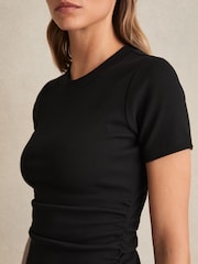 Reiss Black Tess Stretch Cotton Ruched Ribbed T-Shirt - Image 4 of 6