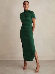 Зеленый - Reiss Azure Stretch Lyocell Ruched Midi Dress - Изображение 3 из 6