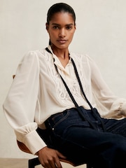 Reiss Cream Sara Lace-Embroidered Tie-Neck Shirt - Image 1 of 6