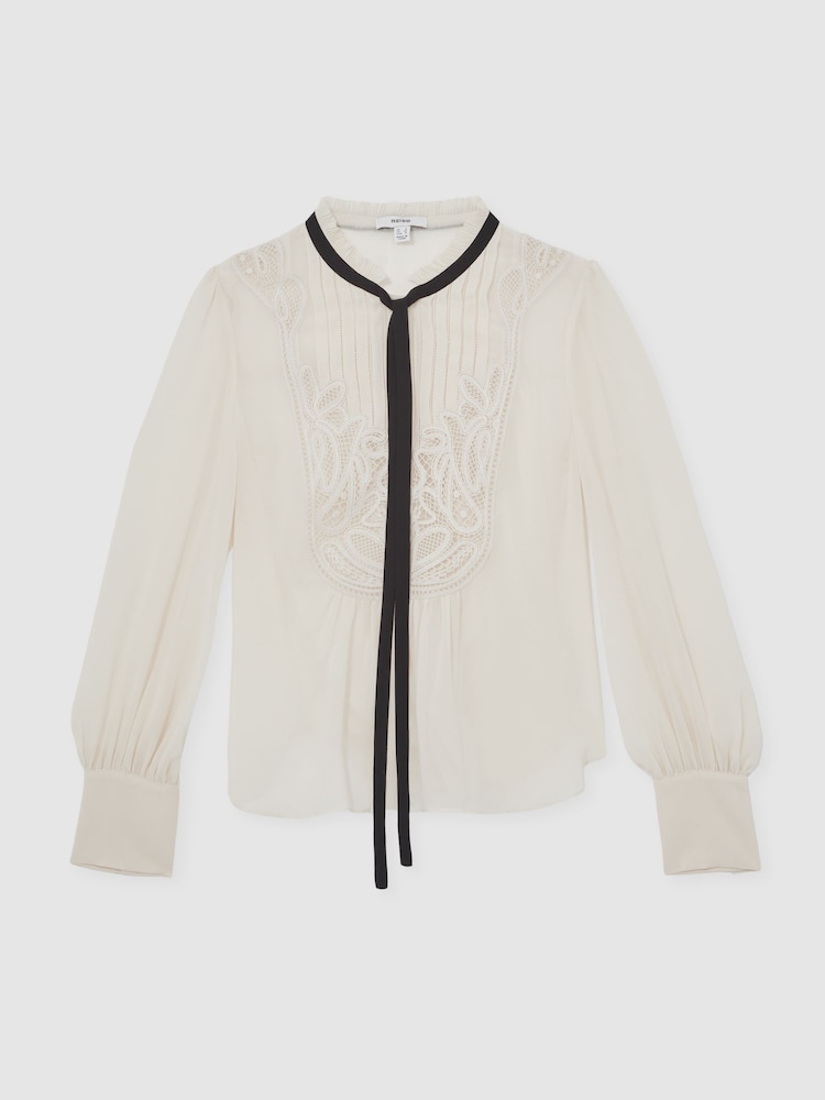 Reiss Cream Sara Lace-Embroidered Tie-Neck Shirt - Image 2 of 6
