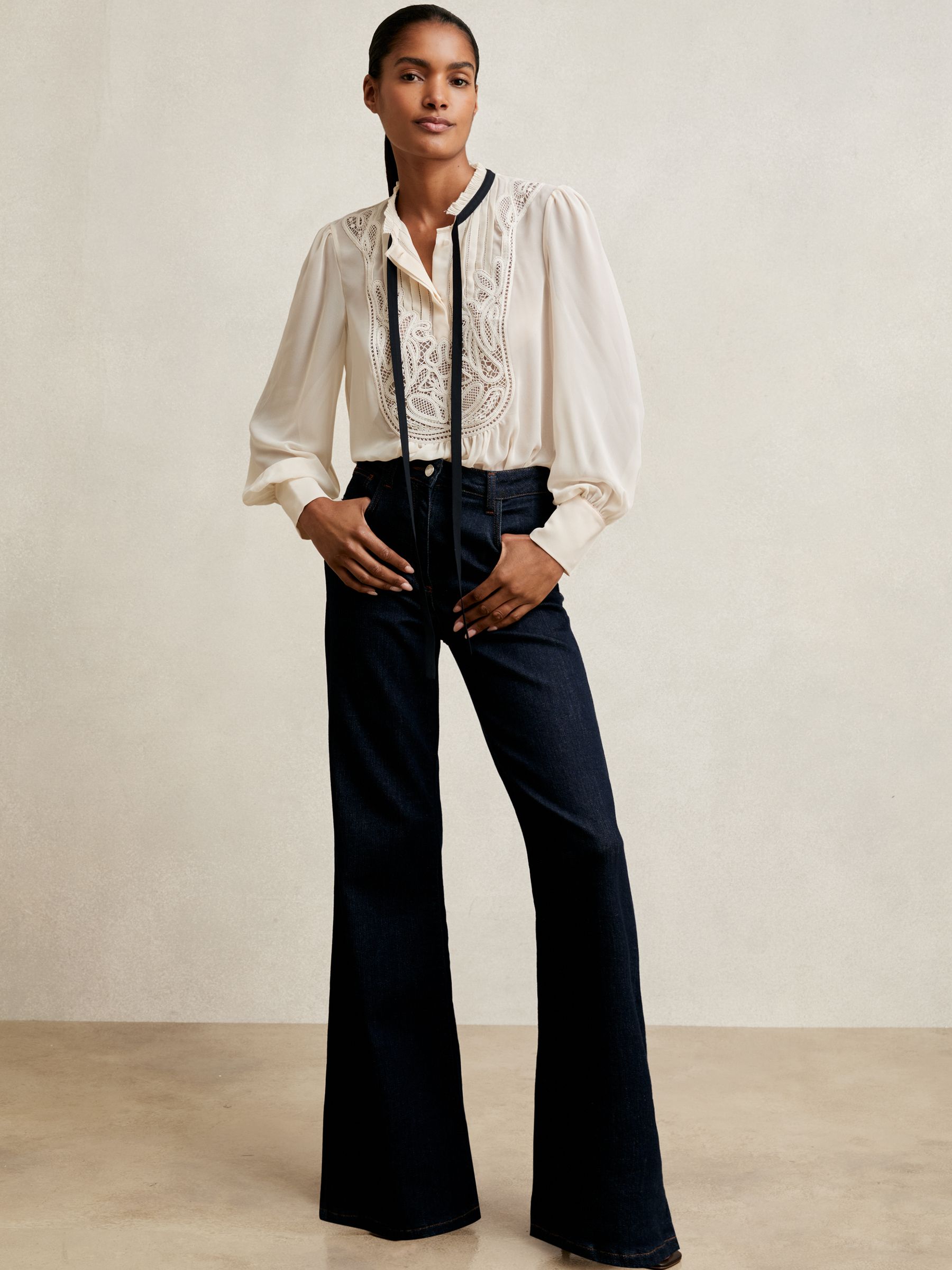 Buy Reiss Cream Sara Lace-Embroidered Tie-Neck Shirt from Next USA