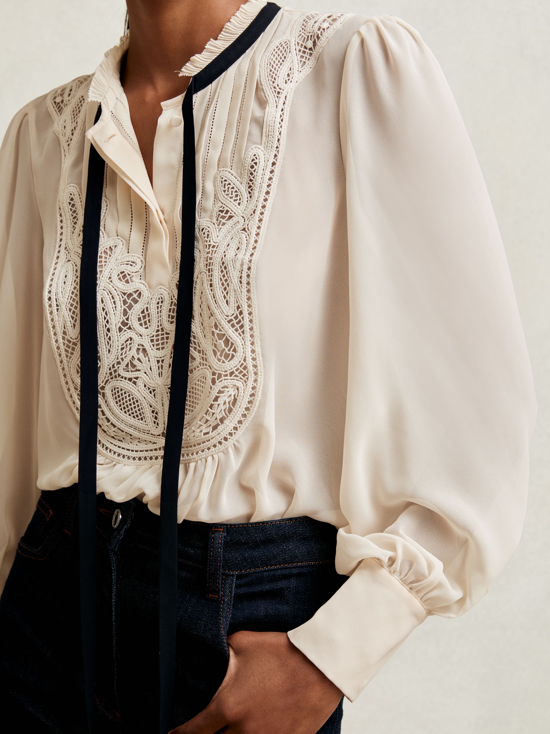 Buy Reiss Cream Sara Lace-Embroidered Tie-Neck Shirt from Next USA