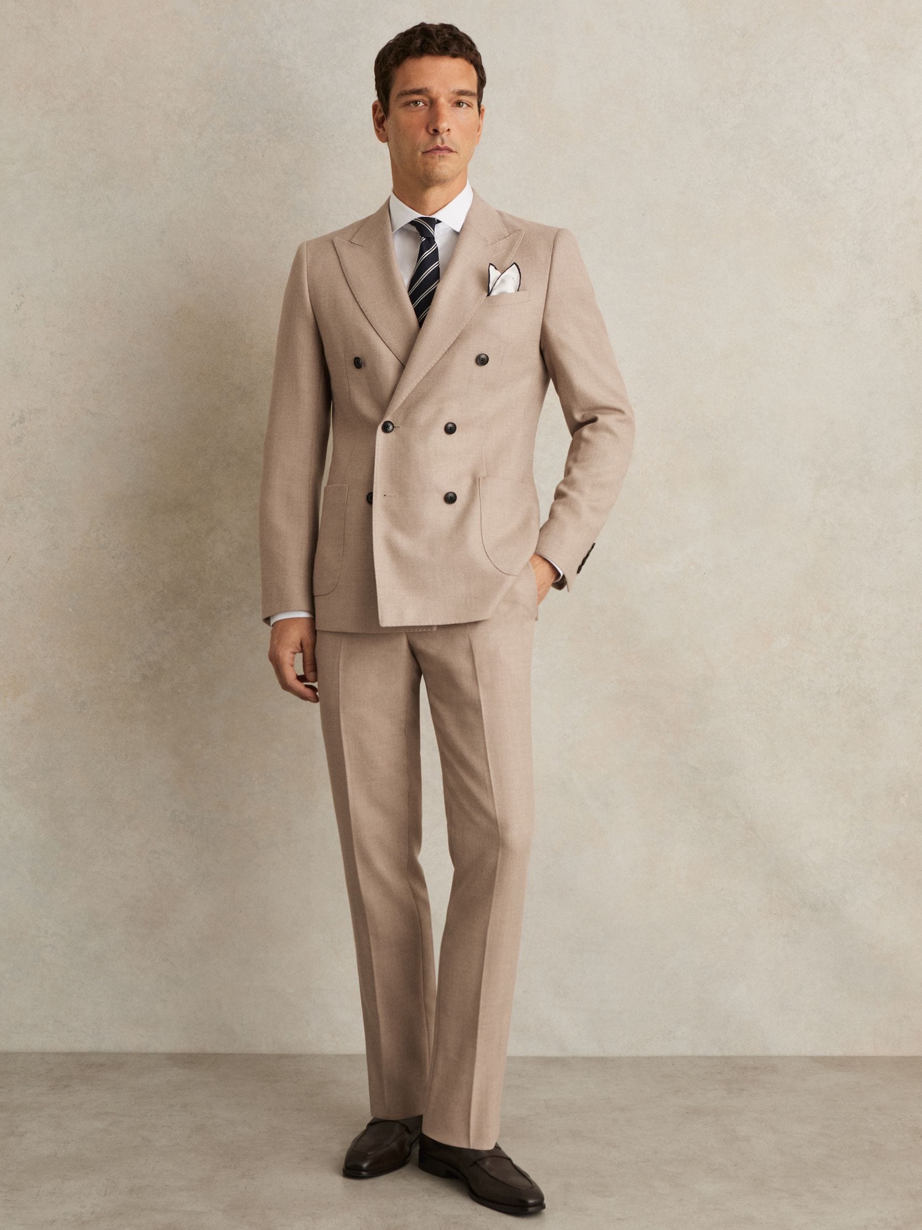 Reiss Oatmeal Brown Slim-fit Wool-blend Double-breasted Suit Blazer In Brown