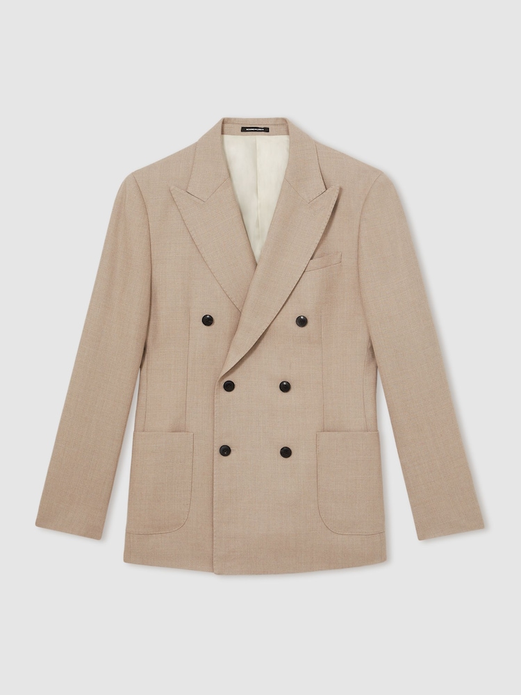 Reiss Oatmeal Brown Venus Slim-Fit Wool-Blend Double-Breasted Suit Blazer - Image 2 of 8