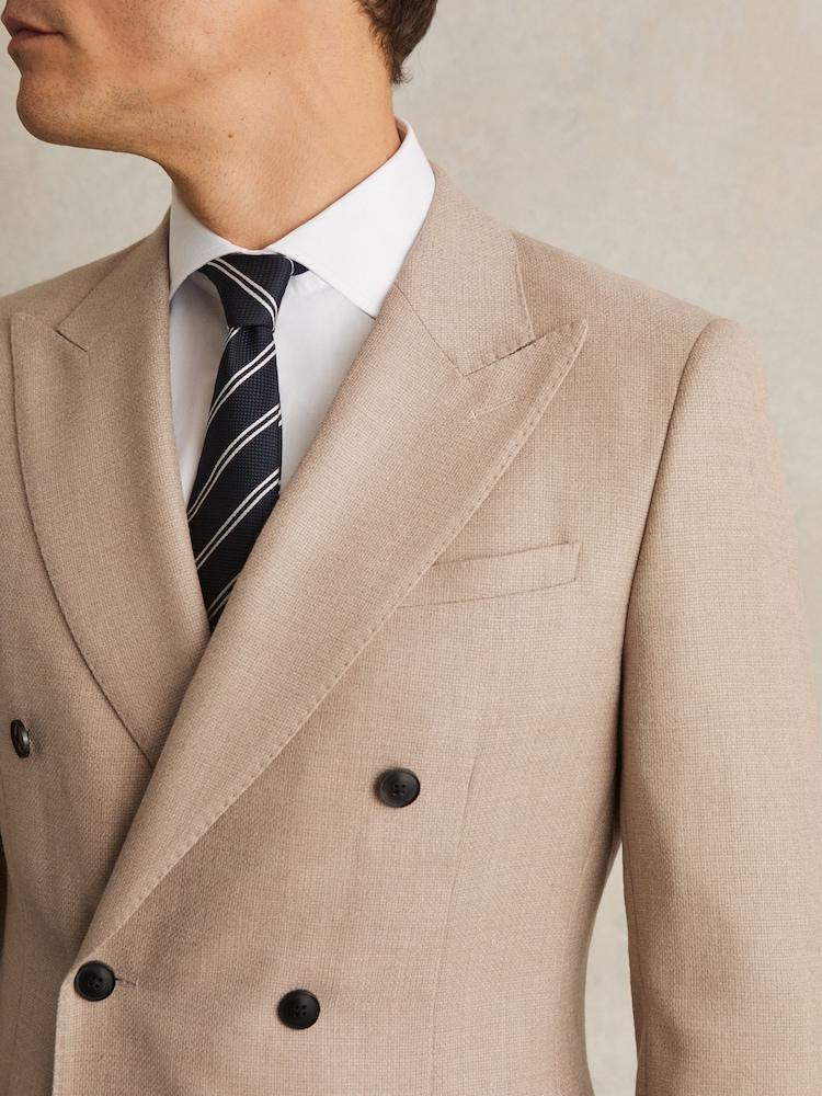 Reiss Oatmeal Brown Venus Slim-Fit Wool-Blend Double-Breasted Suit Blazer - Image 3 of 8
