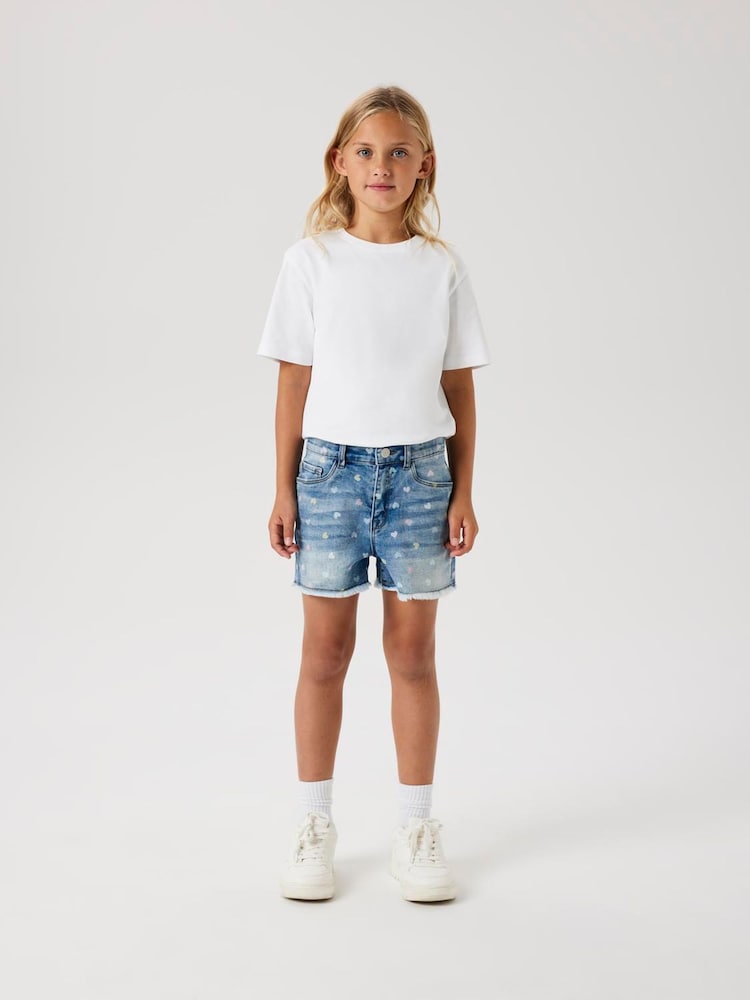 Name It Blue High Waisted Heart Print Denim Shorts - Image 1 of 4