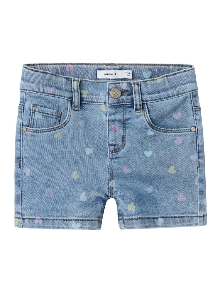 Name It Blue Heart Print Stretch Denim Shorts - Image 1 of 3
