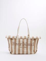 River Island Natural Striped Fold Over Beach Bag - Image 1 of 7