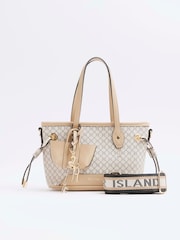 River Island Beige Monogram Tie Side Small Shopper Bag - Image 1 of 6