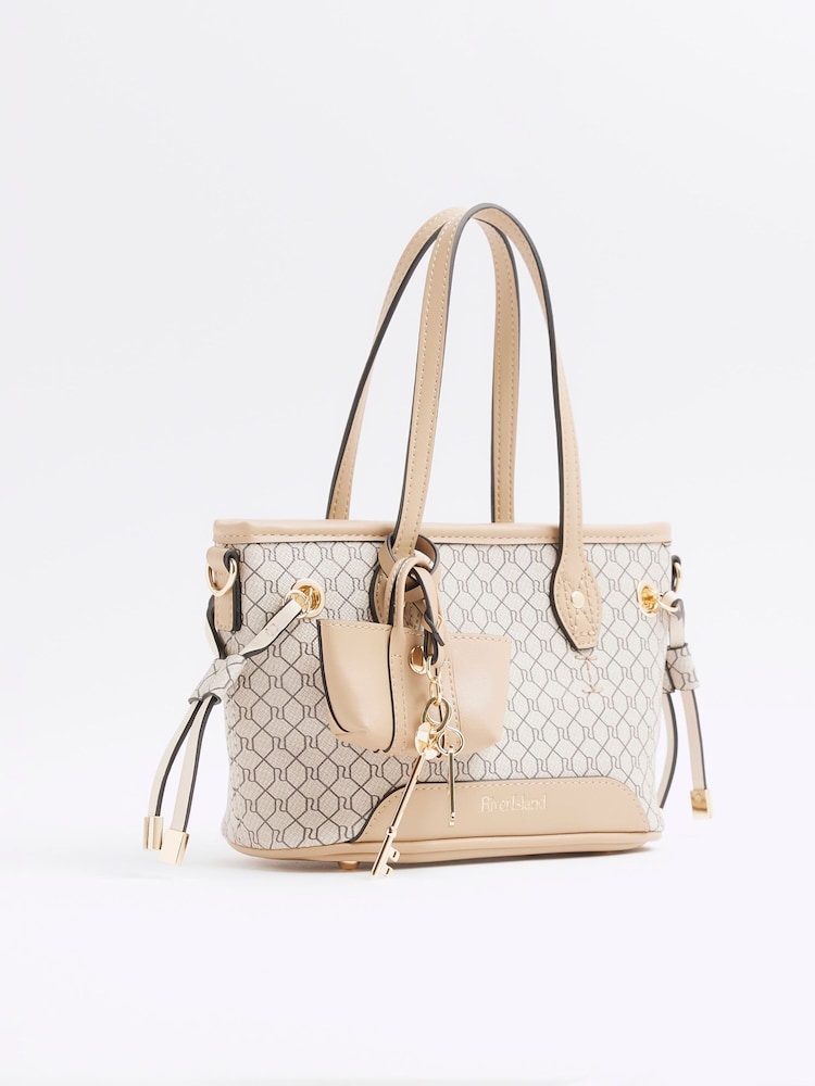 River Island Beige Monogram Tie Side Small Shopper Bag - Image 3 of 6