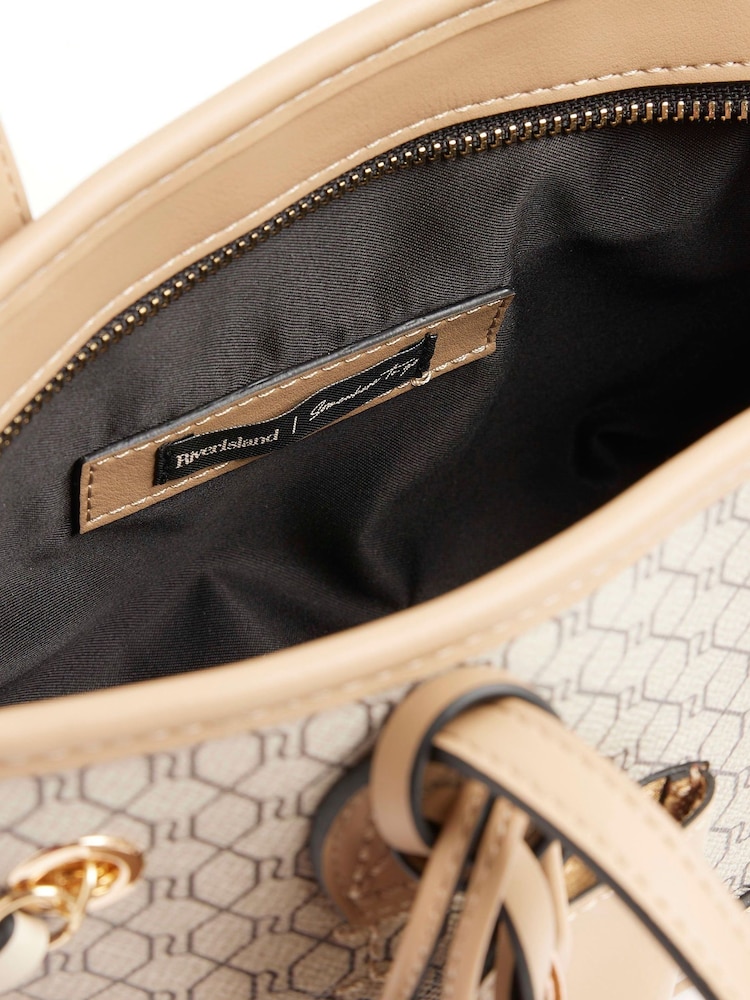 River Island Beige Monogram Tie Side Small Shopper Bag - Image 5 of 6