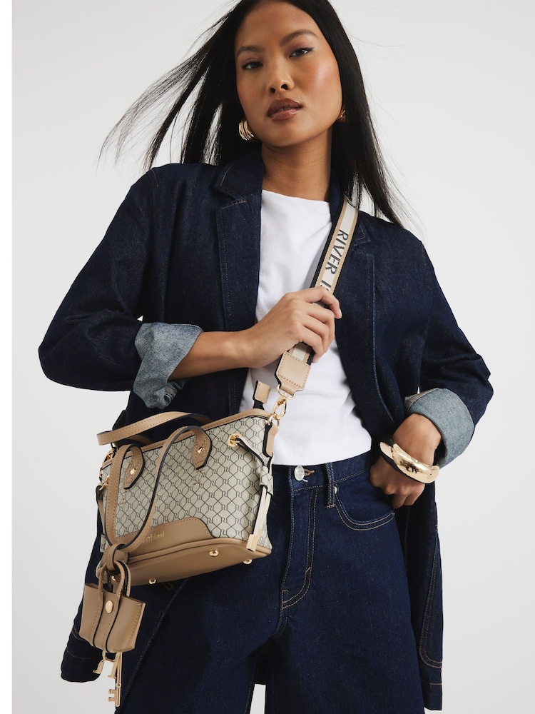 River Island Beige Monogram Tie Side Small Shopper Bag - Image 6 of 6