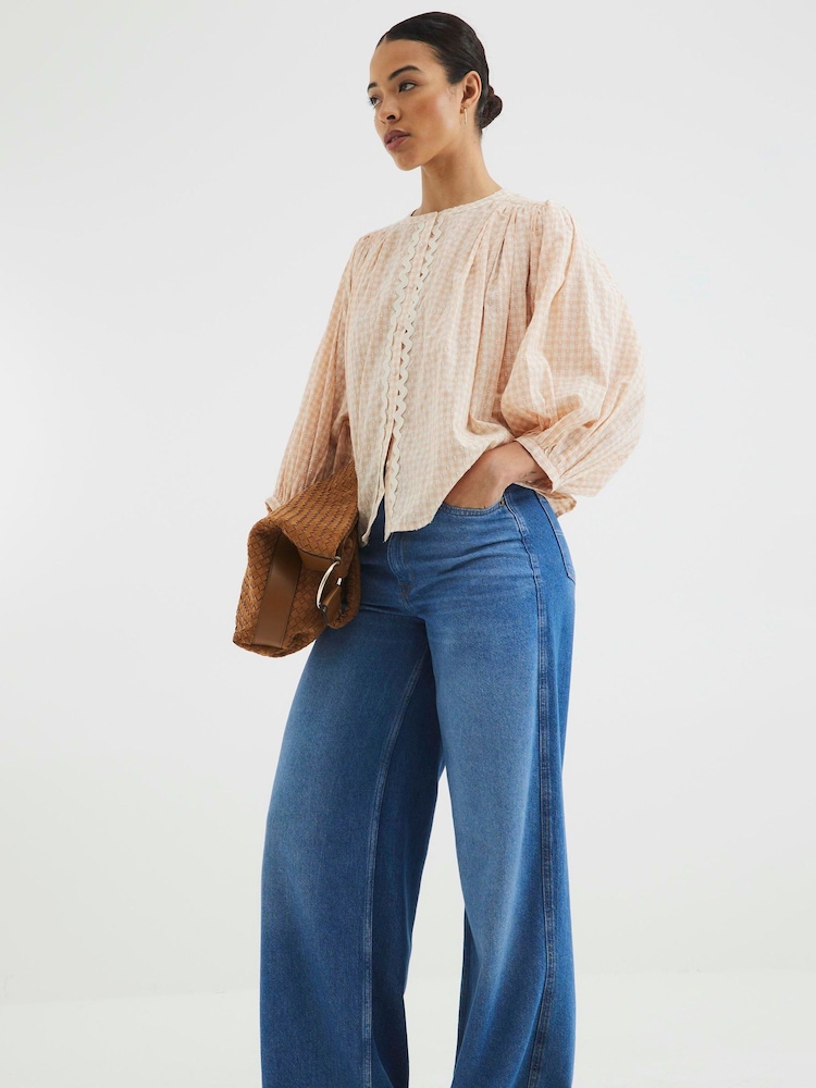 River Island Orange Puff Sleeve Ginham 100% Cotton  Blouse - Image 1 of 4