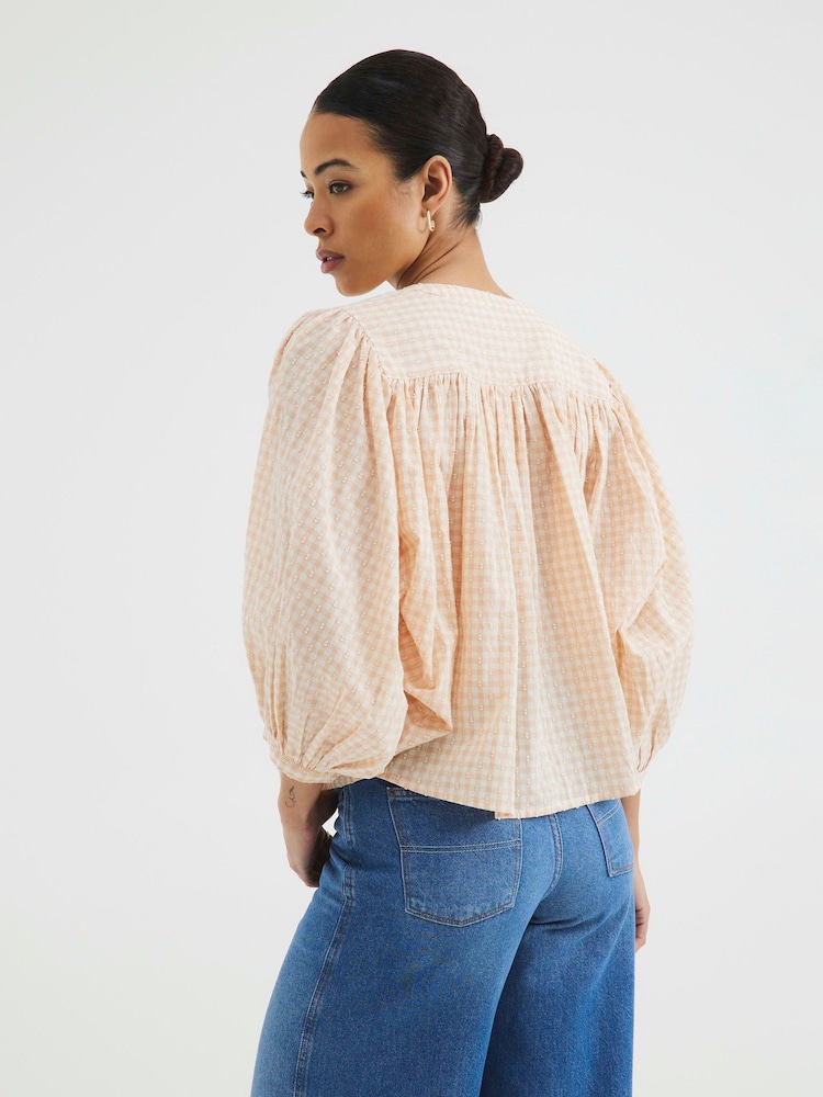 River Island Orange Puff Sleeve Ginham 100% Cotton  Blouse - Image 2 of 4