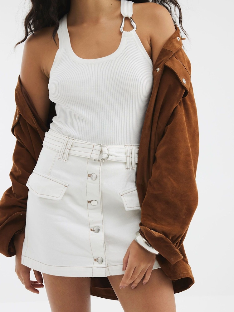 River Island White Button Front 100% Cotton Mini Skirt - Image 3 of 3