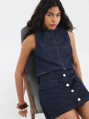 River Island Blue Button Front 100% Cotton Mini Skirt - Image 3 of 3