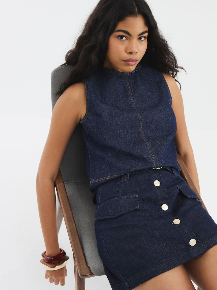 River Island Blue Button Front 100% Cotton Mini Skirt - Image 3 of 3