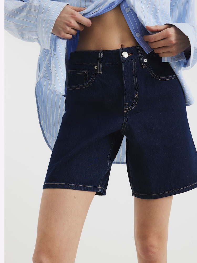 River Island Dark Blue Bermuda Denim 100% Cotton Shorts - Image 1 of 4