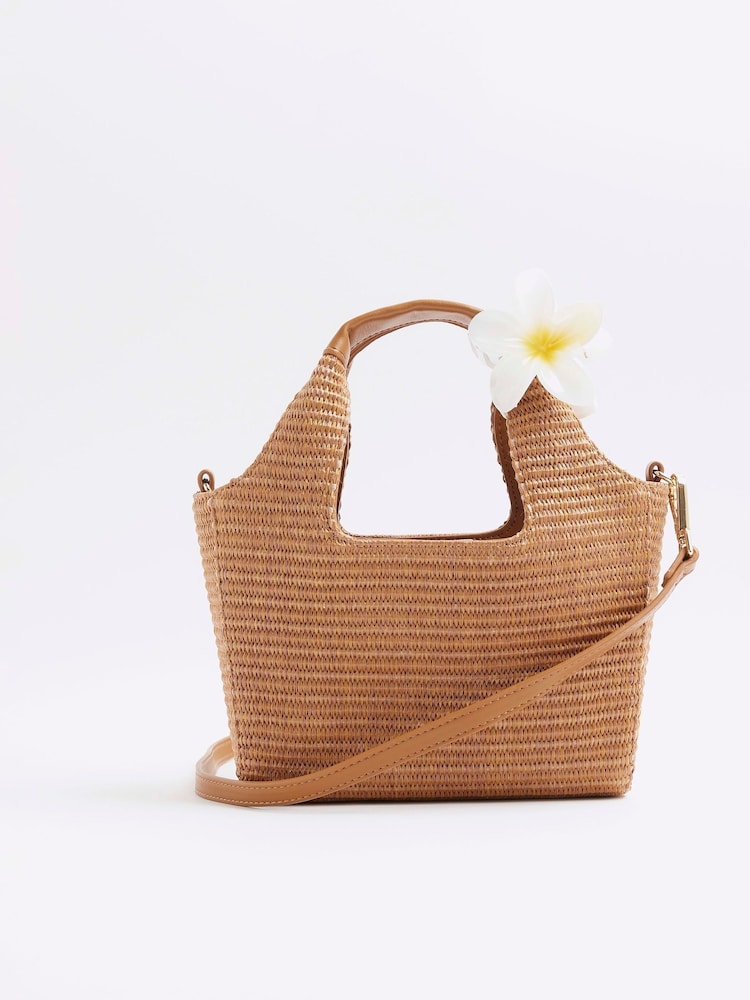 Коричневый - River Island Small Raffia Charm Tote Bag - Image 1 of 6