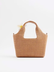 Коричневый - River Island Small Raffia Charm Tote Bag - Image 2 of 6