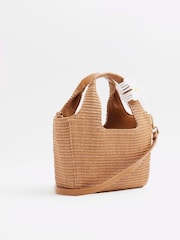Коричневый - River Island Small Raffia Charm Tote Bag - Image 3 of 6