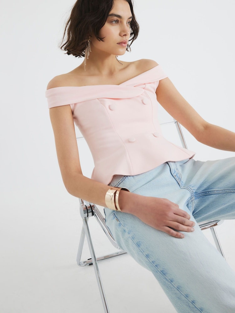 River Island Pink Double Breasted Bardot Top - Image 1 of 4 River Island Pink Double Breasted Bardot Top - Image 1 of 4