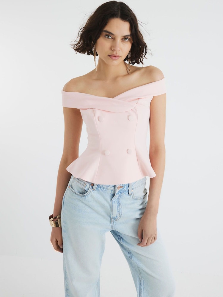 River Island Pink Double Breasted Bardot Top - Image 2 of 4