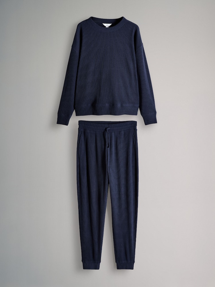 The Set Navy 2 Pack Soft Rib Crew Neck Sweatshirt and Cuffed Joggers Lounge Set - Image 2 of 13