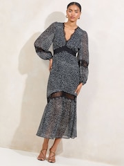 Lipsy Black Polka Dot Lace Mini V-Neck Maxi Dress - Image 1 of 4