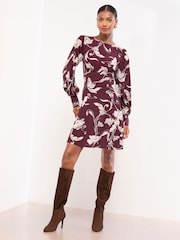 Lipsy Burgundy Red Print Viscose Underbust Long Sleeve Mini Dress - Image 6 of 6