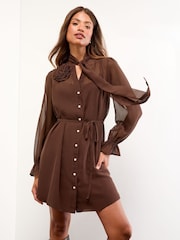 Lipsy Chocolate Brown Mini Corsage Flower Belted Shirt Shift Dress - Image 1 of 4