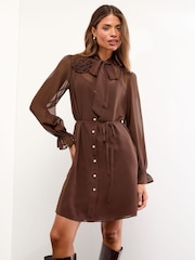 Lipsy Chocolate Brown Mini Corsage Flower Belted Shirt Shift Dress - Image 2 of 4
