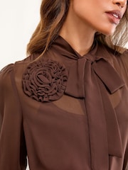 Lipsy Chocolate Brown Mini Corsage Flower Belted Shirt Shift Dress - Image 4 of 4
