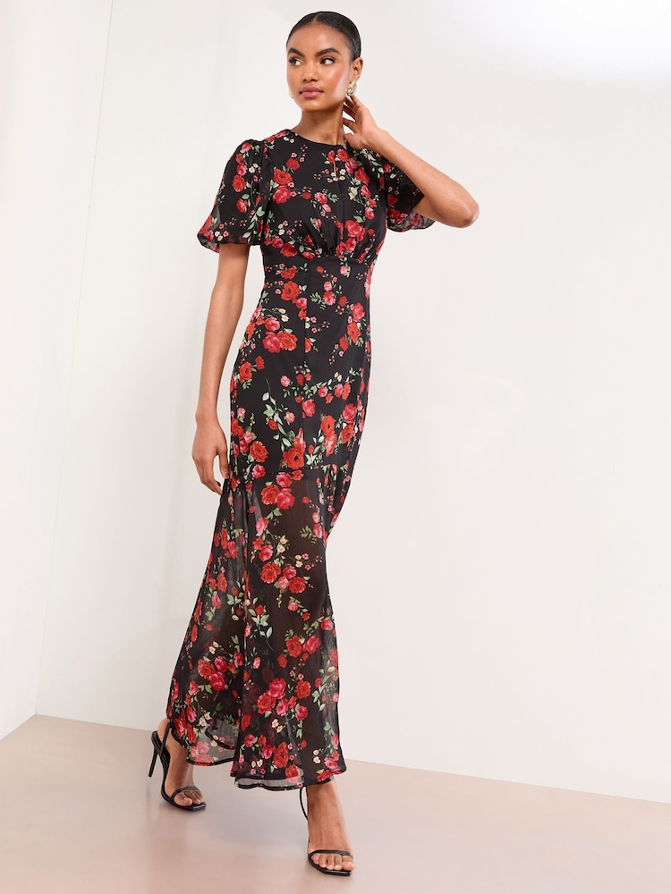 Lipsy Black Floral Print Short Sleeve Woven Maxi Dress - Image 1 of 4