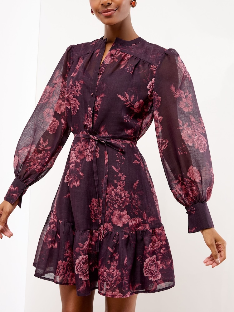 Berry Red - Lipsy Mini Floral Print Woven Shirt Dress - Image 3 of 4