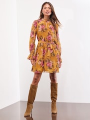 Yellow Floral Long Sleeve High Neck Belted Mini Dress - Image 1 of 4