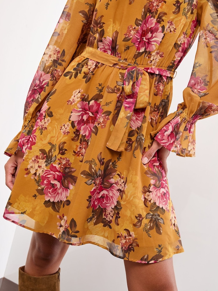 Yellow Floral Long Sleeve High Neck Belted Mini Dress - Image 2 of 4