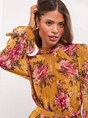 Yellow Floral Long Sleeve High Neck Belted Mini Dress - Image 3 of 4